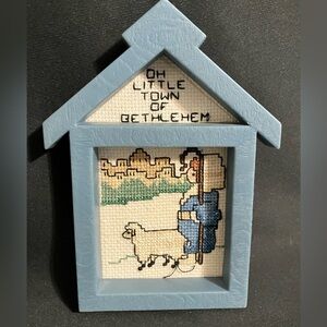 Christmas Art Cross Stitched Church “oh Little Town of Bethlehem” blue frame